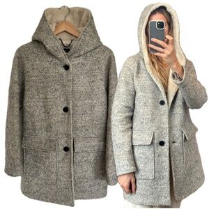 London Fog Grey Wool Blend Hooded Shearling Fleece Knit Winter Coat